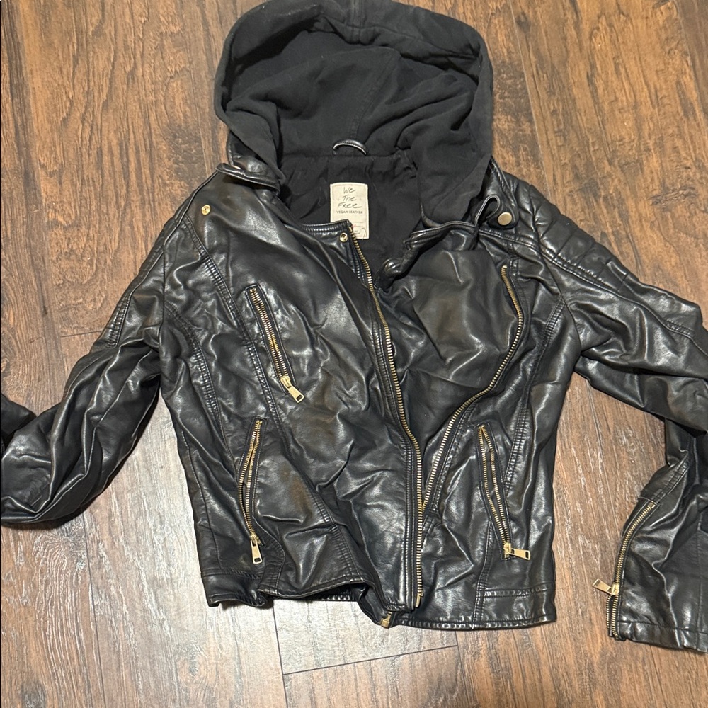 We The Free Black Faux Leather Hooded Moto Jacket